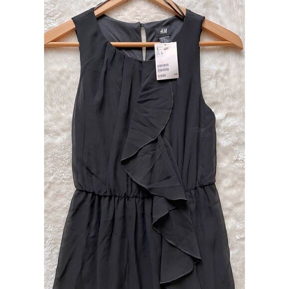 NWT H&M Black Sleeveless Mini Dress with Front Ruffle, Size 4 - Picture 2 of 4